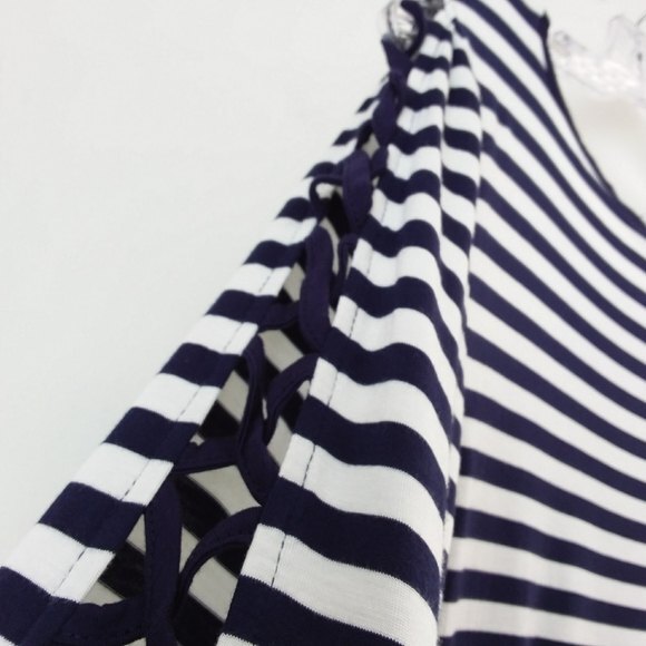 New Spense Tee Navy White Stripe Cold Shoulder Top - Picture 5 of 9